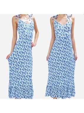 Cynthia Rowley Blue and White Floral Tie-Strap Maxi Dress